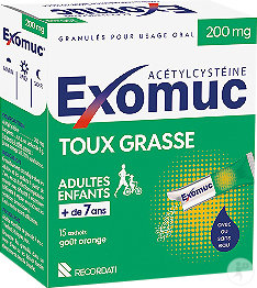 Bouchara-Recordati  Exomuc Acétylcystéine 200mg Toux Grasse Goût Orange Sachets 15x2g