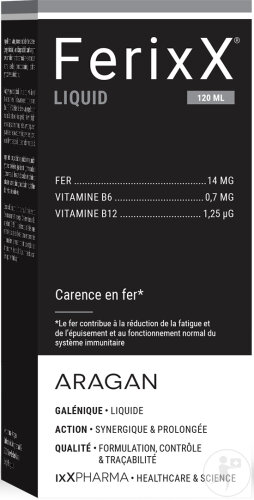 ixX Pharma FerixX Liquid Fer Hautement Assimilable Lipofer Vitamines B6-B12 Fatigue & Énergie 120ml