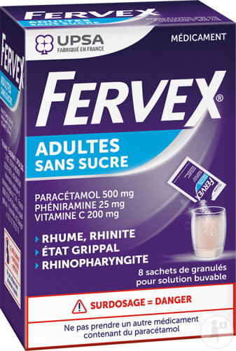 Fervex Adultes Sans Sucre 8 Sachets Paracétamol, Phéniramine, Vitamine C