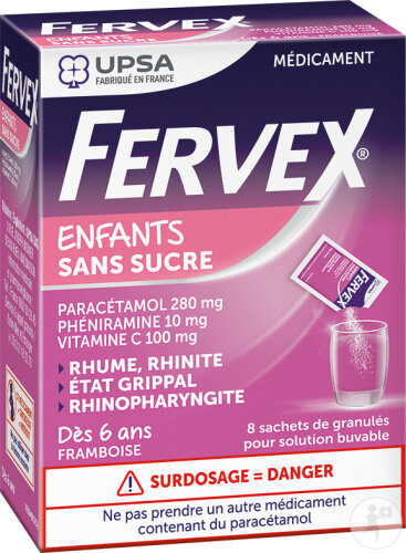 Fervex Enfants Sans Sucre 8 Sachets Paracétamol, Phéniramine, Vitamine C