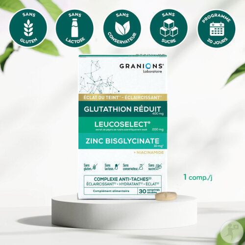Granions Complexe Anti Taches Brunes Visage Eclarcissant Glutathion  Vitamine C 30 Comprimés