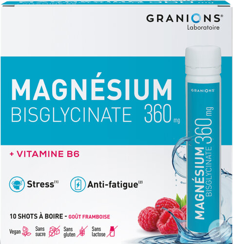 Granions Magnésium Bisglycinate 360mg Vitamine B6 Anti-Stress Goûts Framboise 10 Shots