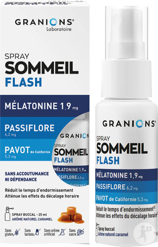 Granions Spray Sommeil Flash Mélatonine 1,9mg Sommeil Adulte Arôme Caramel 25ml