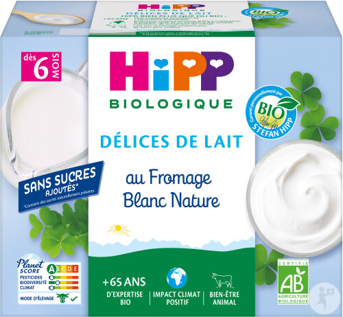 HIPP Biologique Délices De Lait Au Fromage Blanc Nature Bébés +6 Mois 4x100g
