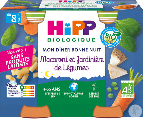 HiPP Biologique Mon Dîner Bonne Nuit Macaroni Et Jardinière De Légumes Dès 8 Mois Pots 2x190g