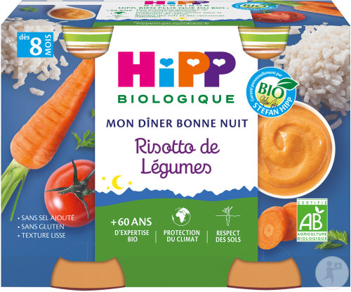 HiPP Biologique Mon Dîner Bonne Nuit Risotto De Légumes Dès 8 Mois Pots 2x190g