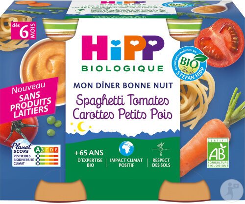HiPP Biologique Mon Dîner Bonne Nuit Spaghetti Aux Tomates Carottes Petits Pois Dès 6 Mois 2x190g