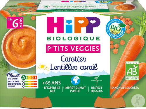 HIPP Biologique P'tits Veggies Carottes Lentilles Corail Bébés +6 Mois 2x125g