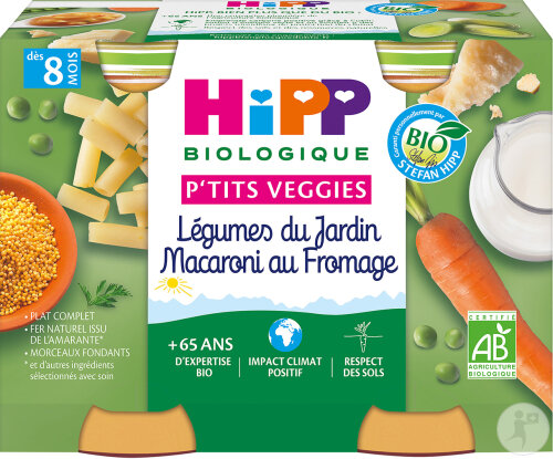 HIPP Biologique P'tits Veggies Légumes Du Jardin Macaroni Au Fromage Bébés +8 Mois 2x190g