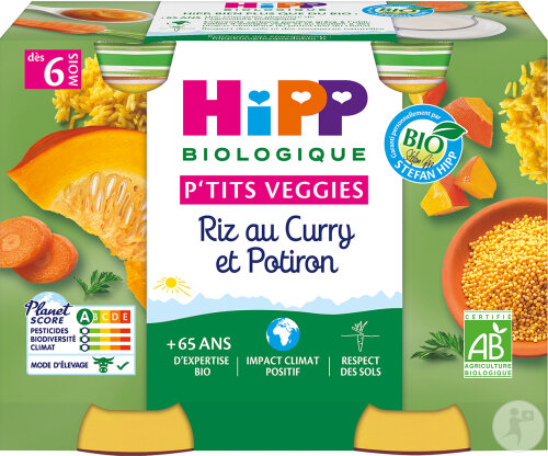 HIPP Biologique P'tits Veggies Riz Au Curry Et Potiron Bébés +6 Mois 2x190g