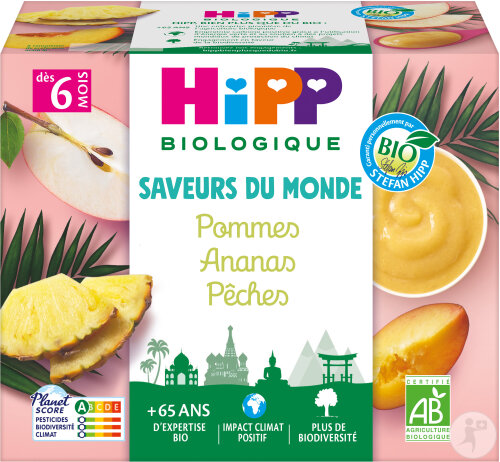 HiPP Biologique Saveurs Du Monde Pommes Ananas Pêches Dès 6 Mois Coupelles 4x100g