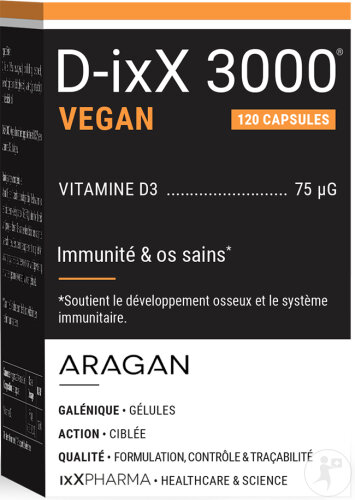 ixX Pharma D-ixX 3000 Végan Vitamine D3 3000UI Système Immunitaire 120 Capsules 