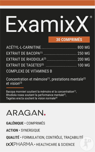 ixX Pharma ExamixX Mémoire Concentration Bacopa Rhodiola & Vitamines B 30 Comprimés