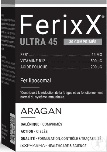 ixX Pharma FerixX Ultra 45 Fer Hautement Assimilable Lipofer Vitamine B12/Acide Folique 30 Comprimés