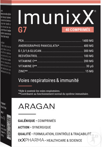 ixX Pharma ImunixX G7 Défenses/Voies Respiratoires Imunoglukan/PEA/Kamcold/Zinc 40 Comprimés