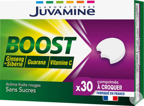 Juvamine Boost Vitamine C Ginseng Guarana Sans Sucres Arôme Fruits Rouges 30 Comprimés À Croquer