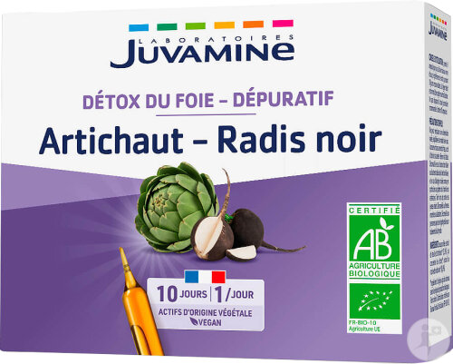 Juvamine Digestion Dépuratif Détoxifiant Radis Noir Artichaut Goût Pomme Citron 10 Ampoules