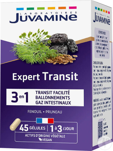 Juvamine Expert Transit 3en1 Transit Facilité/Ballonnements/Gaz Intestinaux 15 À 45 Jours 45 Gélules
