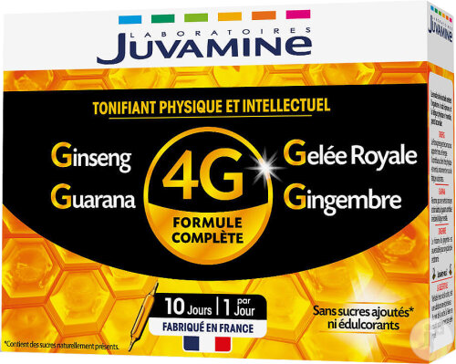 Juvamine Tonifiant Physique Et Intellectuel 4G Ginseng Gelée Royale Guarana Gingembre Ampoules 10x10