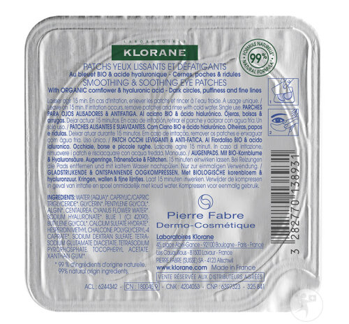 Klorane Patchs Yeux Lissants Hydro-Gel Au Bleuet Bio Et À L'Acide Hyaluronique 2 Pièces