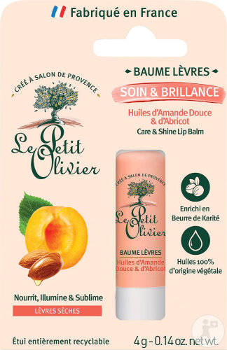Le Petit Olivier Baume Lèvres Soin & Brillance Huiles D'Abricot & D'Amande Douce 4g