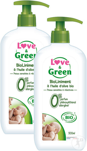 Love&Green Bio Liniment À L’Huile D’Olive Bio Peaux Sensibles À Réactives 2x500ml Promo Pack