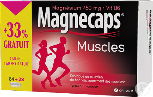 Magnecaps Muscles Magnésium 450mg et vitamine B6 84+28 Gélules PROMO +33% gratuit