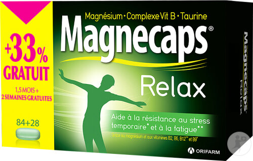 Magnecaps Relax Magnésium-Complexe Vit B-Taurine 84+28 Comprimés PROMO +33% gratuit