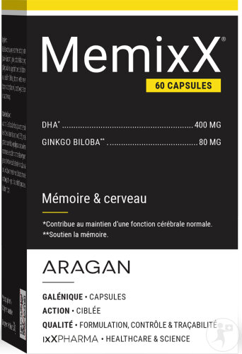 ixX Pharma MemixX Mémoire & Fonctions Cognitives Ginkgo Biloba & Oméga-3 DHA 60 Capsules
