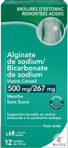 Mylan Sas Alginate Sodium/Bicarbonate Sodium Mylan Conseil 500mg/267mg Menthe Sans Sucre 12 Sachets