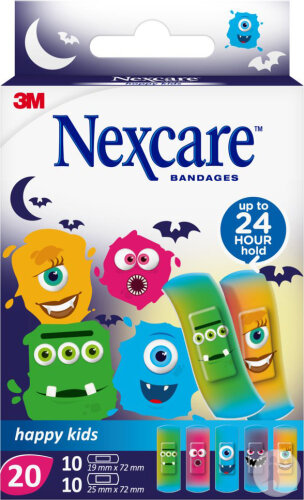 Nexcare Pansements Enfants Happy Kids Monsters 2 Tailles Assorties 20 Pièces