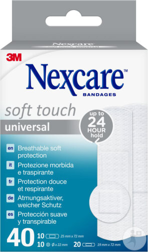 Nexcare Soft Touch Universal Pansements 3 Tailles Assorties Sans Latex 40 Pièces