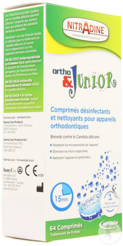 Nitradine Ortho&Junior Comprimés Désinfectants Et Nettoyants Pour Appareils Orthodontiques 64 Pièces