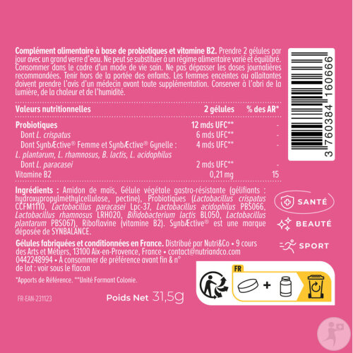 Nutri&Co Probiotiques Flore Intime Confort & Santé Du Microbiote 60 Gélules-3