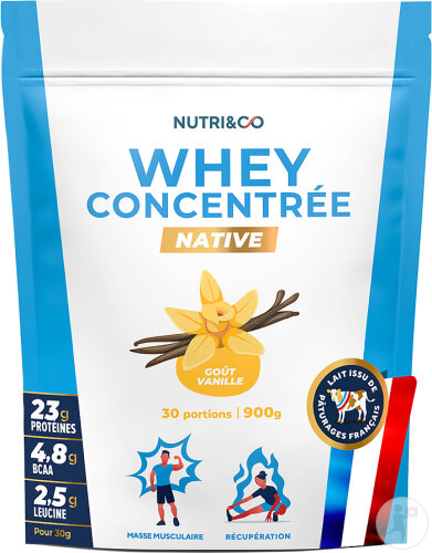 Nutri&Co Protéines Whey Concentrate Native En Poudre Goût Vanille 900g