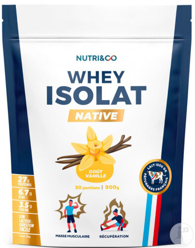 Nutri&Co Protéines Whey Isolat Native 94% En Poudre Goût Vanille 900g