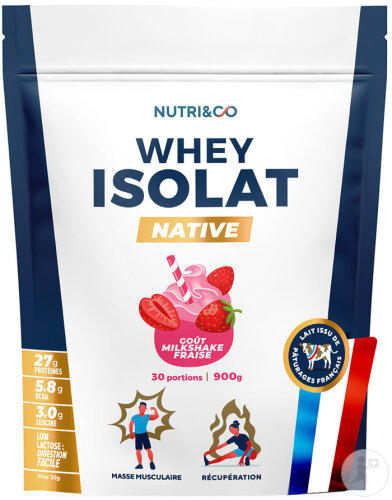 Nutri&Co Protéines Whey Isolat Native En Poudre Goût Milkshake Fraise 900g