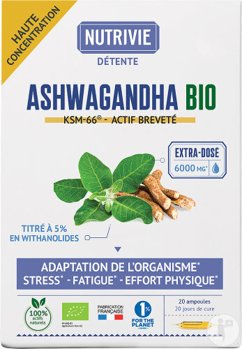 Nutrivie Ampoules Ashwagandha Extra-Dosée Bio 6000mg 20 Ampoules