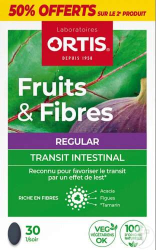 Ortis Fruits & Fibres Regular Transit Intestinal Pack 2x30 Comprimés Promo 2ème Boîte -50%