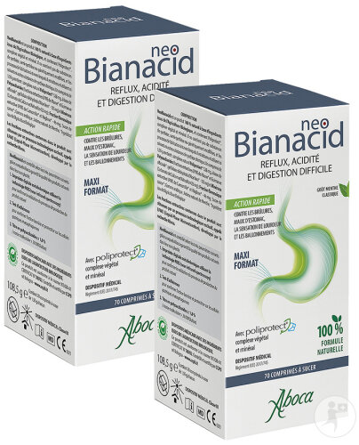 Pack De 2 Aboca Neobianacid Goût Menthe Reflux Acidité Et Digestion Difficile 70 Comprimés