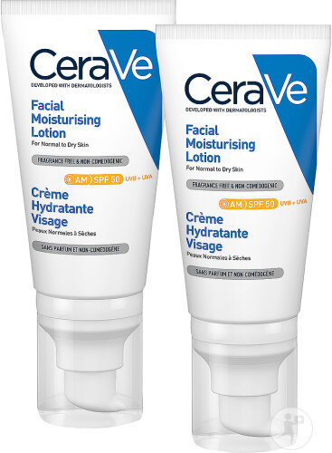 Pack De 2 Cerave Crème Hydratante Visage IP50 Peaux Normales À Sèches Tube Pompe 52ml