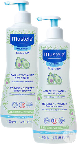 Pack de 2 Mustela Bébé Eau Nettoyante Sans Rinçage Peau Normale Flacon Pompe 500ml