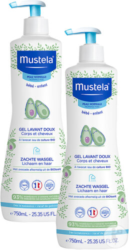 Pack De 2 Mustela Gel Lavant Doux Corps Et Cheveux Peau Normale Flacon Pompe 750ml