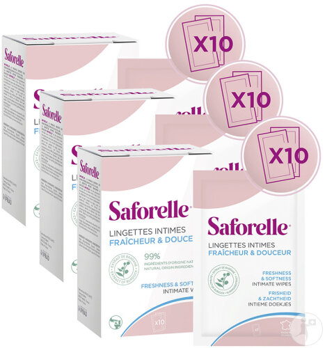 Pack De 3 Saforelle Lingettes Intimes Douceur Et Fraîcheur Biodégradables 10 Pièces