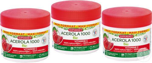 Pack De 3 Superdiet Acérola 1000 Bio Maxi Pot 60 Comprimés À Croquer