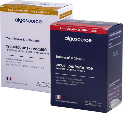 Pack Sport Algosource Spirulysat & Ginseng 15x10ml + Magnésium & Collagène 15x10ml