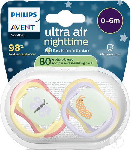 Philips Avent Sucette +0m Air Night Papillon/Chenille 2 Pièces
