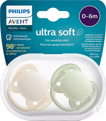 Sucettes Philips Avent Ultra-Douces - Orthodontiques 0-6 Mois - Collerette Souple, Téterelle Silicone Sans BPA - Avec 2 Étuis Stérilisateurs - Lot De 4