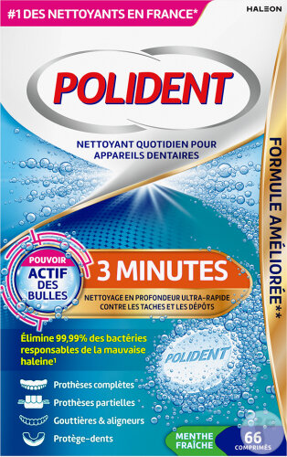 Polident Nettoyant Quotidien 3 Minutes 66 Comprimés