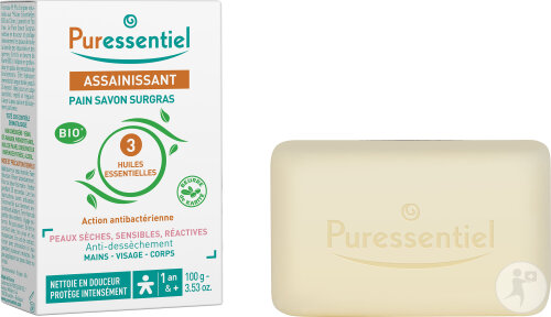 Puressentiel Assainissant Pain Savon Surgras Solide Aux 3 Huiles Essentielles 100g